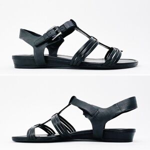 Ecco Odense T-Strap Black Leather Sandal Women’s Size 36/5-5.5 Slight Wedge EUC